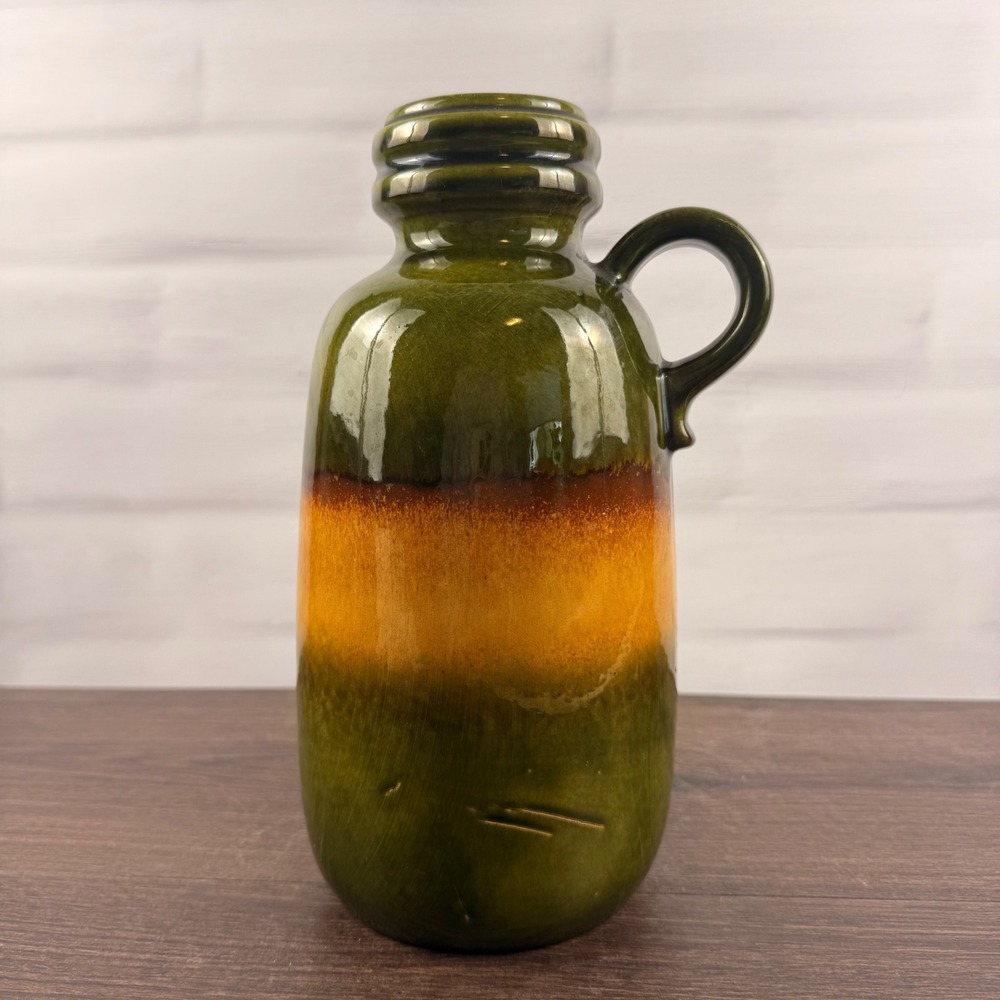 Scheurich 413-26 West German Pottery Krug Handled Vase Green Amber